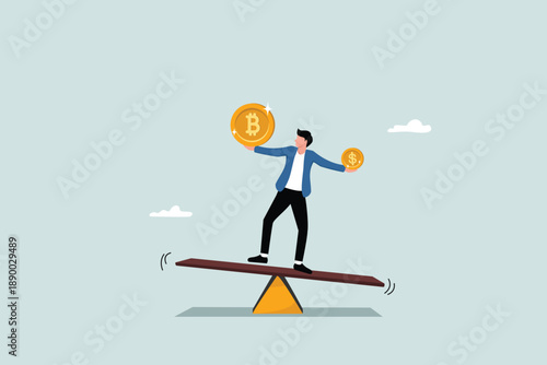 Investment portfolio with Bitcoin or cryptocurrency, buy or sell trading, crypto market exchange rate concept, balanced portfolio between business investor or trader with dollar coin and bitcoin.