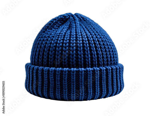 A close-up studio shot of a sapphire blue knit beanie, isolated on a black background