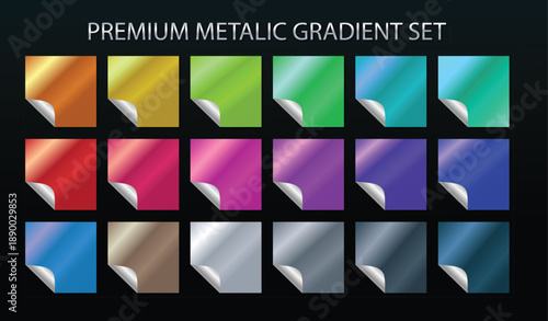 A collection of 20 premium metallic gradient swatches on a black background for graphic design
