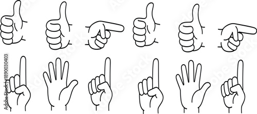 Hand gesture icon set with thumbs up pointing and counting signs in simple outline cartoon vector style