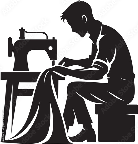 Tailor Sewing Clothes With Machine Silhouette Fashion Designer Garment Worker Textile Industry Vector Illustration