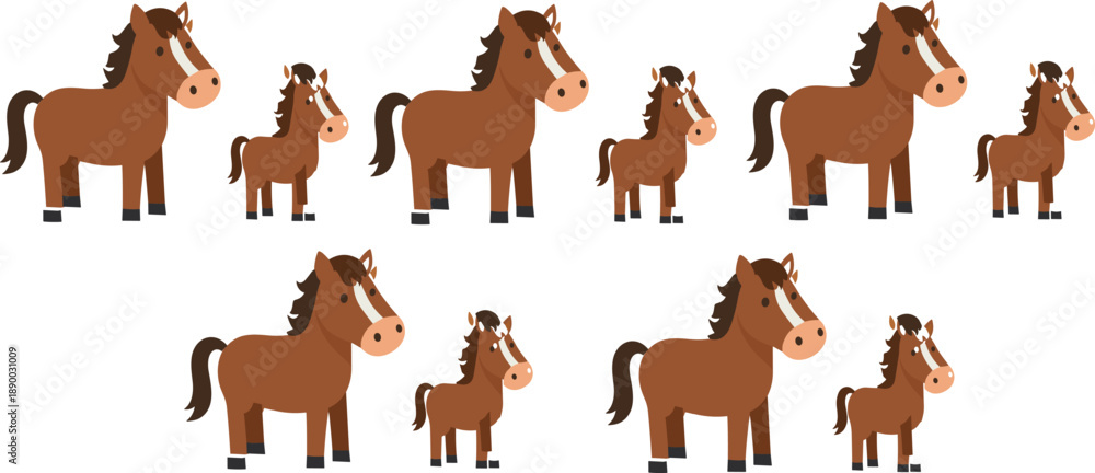 Fototapeta premium Cute cartoon horse and foal character set in different poses for farm kids vector illustration design