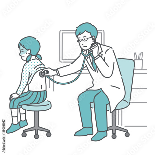 背中の聴診を受ける冷や汗をかいた女の子と深刻な表情の白衣の男性医師のイラスト