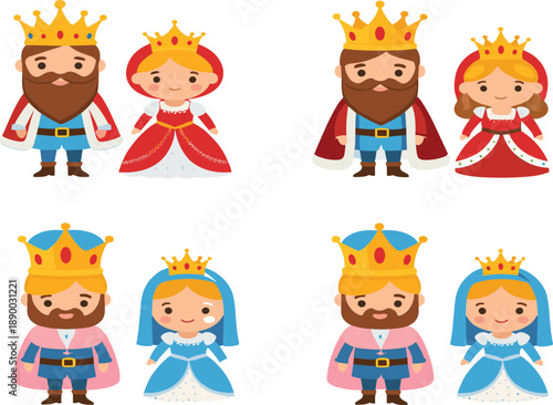 Cute cartoon king and queen character set with royal costumes for kids fairy tale vector illustration