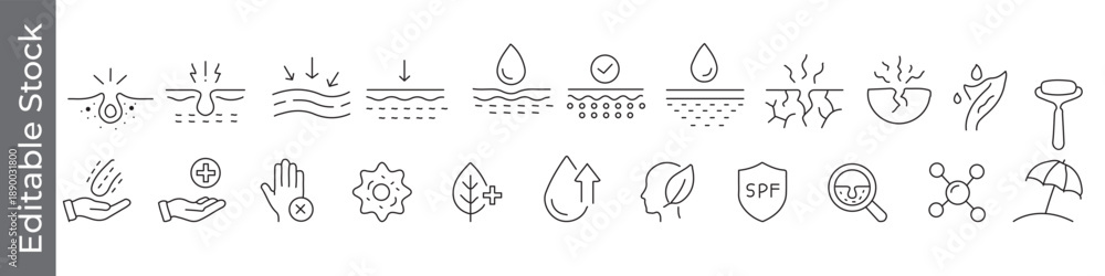Ταπετσαρία Skin care and dermatology icon set – editable outline symbols of hydration, dryn