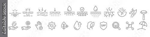 Skin care and dermatology icon set – editable outline symbols of hydration, dryness, SPF, protection, healthy skin and sun care