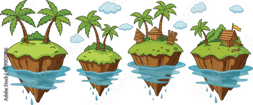 Cartoon floating island landscape set with palm trees huts clouds and water for fantasy nature illustration