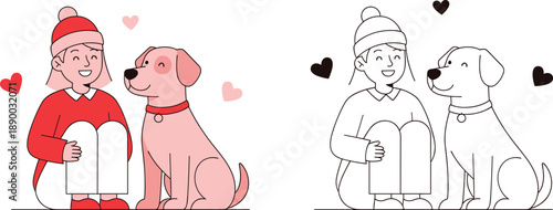 Girl and Dog Looking at Each Other with Love and Hearts