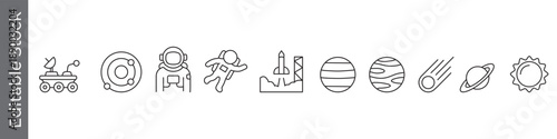 Space travel, exploration and astronomy icon set – editable outline symbols of rover, astronaut, rocket, planet and comet