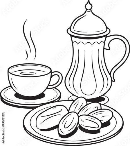 a teapot and cup with plate of cookies