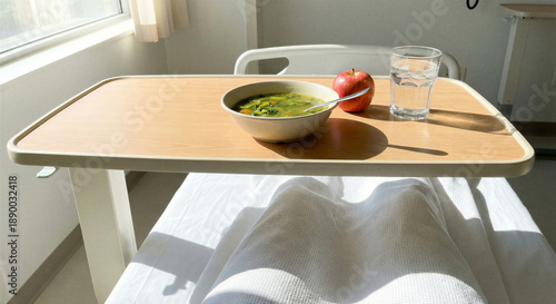 Hospital tray with soup, apple, and glass of water in daylight  
