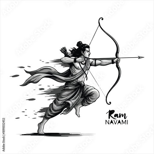 Lord Rama aiming his bow and arrow in dynamic illustration