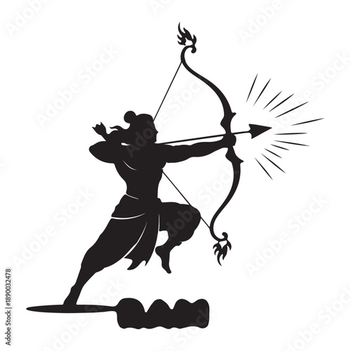 Silhouette of a warrior archer drawing a bow and arrow dynamically