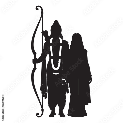 Silhouette of Hindu God Rama holding a bow and arrow with Sita