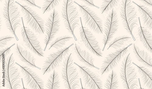 Elegant feather seamless pattern. Contour botanical background in line art boho style