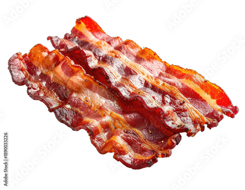 Close-up of cooked bacon strips, showing crispy edges and oily, translucent texture