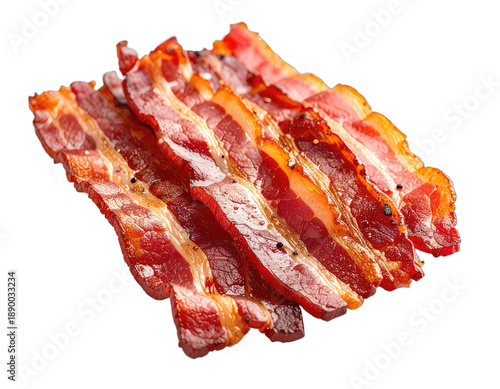 Sliced, cooked, crispy bacon strips arranged against a black background