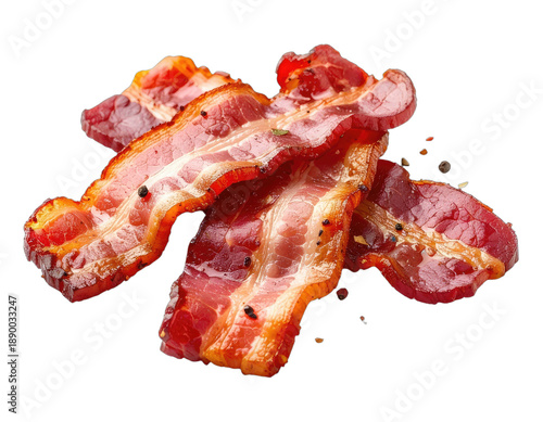 Close-up of cooked bacon strips with visible fat and pepper