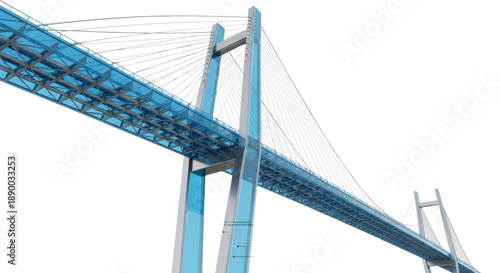 massive hyper-futuristic suspension bridge of polished transparent blue glass and brushed titanium structure, detailed low-angle 3d render. concept of advanced structural engineering