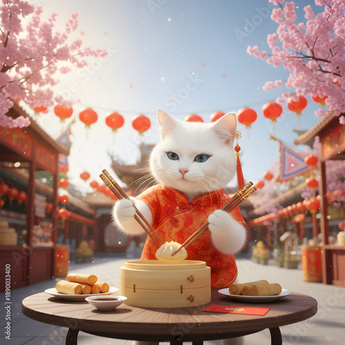 Adorable white cat wearing a traditional red Chinese costume catching a gold coin in a festive Lunar New Year street market with red lanterns and decorations.