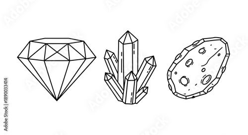 Line art illustration of a diamond, crystal cluster, and a rough rock, representing various geological formations.