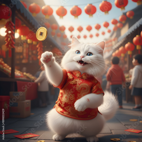 Adorable white cat wearing a traditional red Chinese costume catching a gold coin in a festive Lunar New Year street market with red lanterns and decorations.