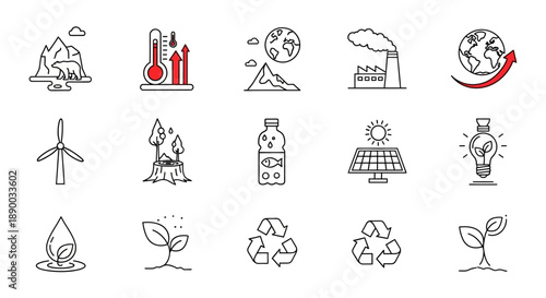 A set of line art icons depicting environmental problems and sustainable solutions for a better future.