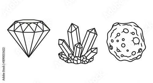 Line art illustration of a diamond, a cluster of crystals, and a rough asteroid or meteor.