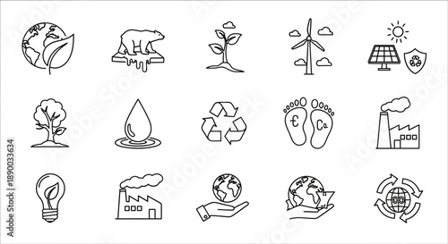 A collection of line icons depicting various environmental and sustainability concepts and issues.