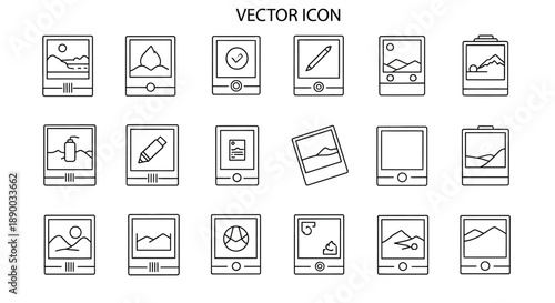 A collection of vector line icons depicting various photo and image related actions and states, including landscapes, editing, and frames.