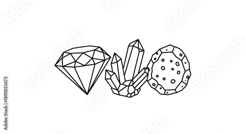 A simple line art illustration depicting a faceted diamond, a cluster of pointed crystals, and a textured rock.