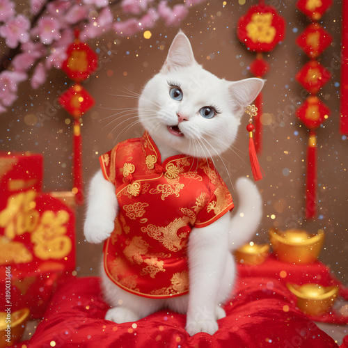 Adorable white cat wearing a traditional red Chinese costume catching a gold coin in a festive Lunar New Year street market with red lanterns and decorations.