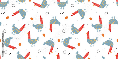Cute seamless pattern, orange and white eggs, gray chicken. Animal, chicken on farm. Easter. For wallpaper, textiles, packaging, backgrounds, and websites. Flat cartoon design.