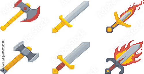 Retro pixel art weapon icons vector collection, 8-bit sword, axe, and hammer symbols for gaming design