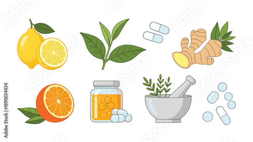 Natural health ingredients: lemons, tea leaves, ginger root, oranges, and herbal remedies in a mortar with pestle, representing organic medicine, alternative therapy, ...
