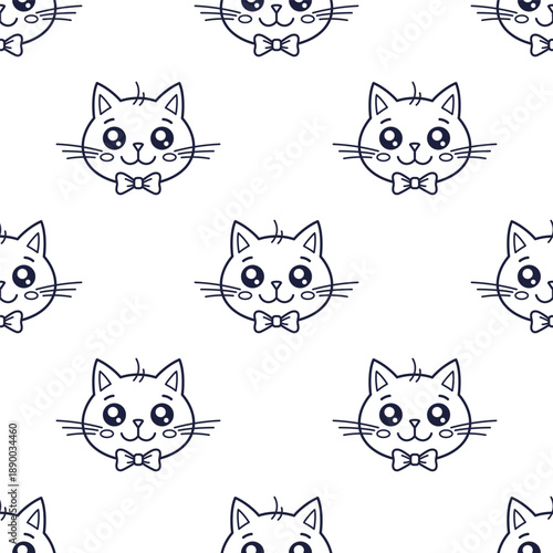 Cute kawaii cat with bow tie seamless pattern. Texture for children clothing, textile design, gender parties, baby shower. Outline cat character, vector