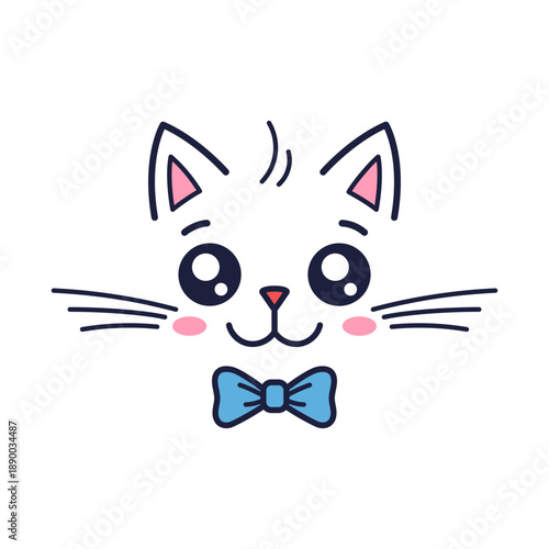 Cute kawaii cat with bow tie. Illustration for children clothing design, gender parties, baby shower cards and invitations. Outline cat character, vector