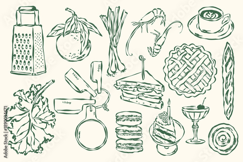 Minimalist hand-drawn food and beverages vector illustration in sketch style for greeting cards, wedding invites, posters, branding, logo design, backgrounds, and modern creative projects.