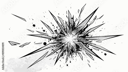 Explosion effect with sharp fragments and debris on white background