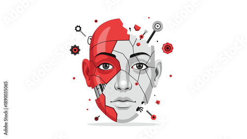 Abstract illustration of a broken robot face, symbolizing artificial intelligence, technology, and the future of robotics with mechanical parts and circuitry.