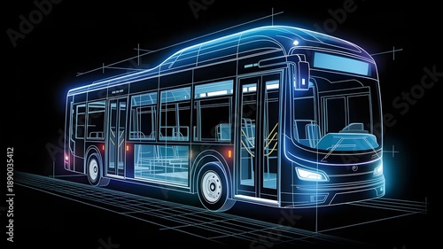 Futuristic City Bus Wireframe Illustration Front View on Dark Background