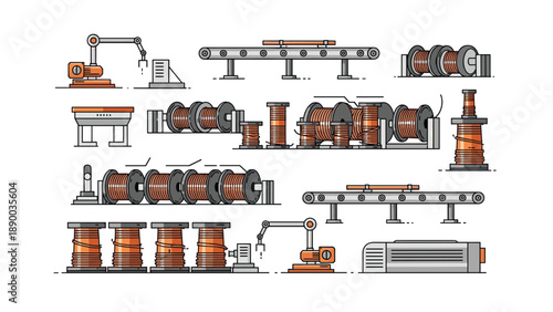 A collection of factory equipment including robotic arms, conveyor belts, and wire spooling machines, representing automation, manufacturing, and industrial processes.