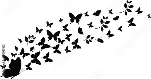 A flock of butterflies flying freely in the air, captured from a side viewpoint in a serene environment