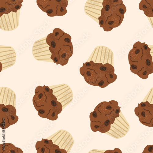 Pattern with chocolate muffins. Vector cartoon illustration of fresh sweet pastries. For packaging, textile, poster, gift wrapping paper	