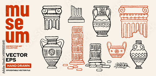 Greek and Roman Ancient vase and column. Museum from Antique Greece, Rome set. Broken pillar, column, clay vase, amphora. Element for archeology, Ancient capital myth illustration. Mediterranean art