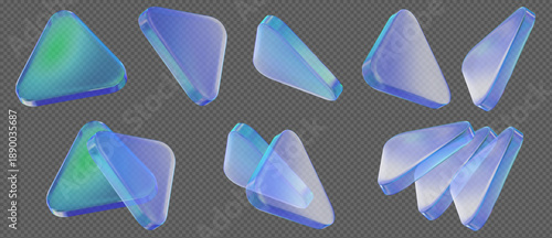 3d glass transparent triangle with rounded angles, podium or shape element with different angles. Holographic triangle figure. Y2k neon abstract element. Stock vector illustration on isolated bg