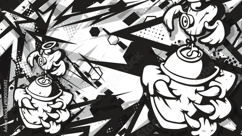 Urban Graffiti Street Art Vector Background with Monster Spray Can Characters