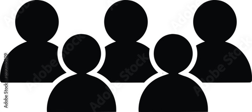 Five anonymous people silhouettes in two rows on white background
