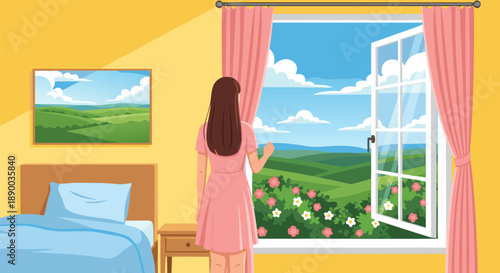 Beautiful morning vector illustration of a woman looking out the window at a green landscape with flowers