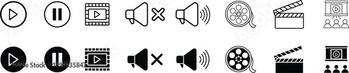 Black and white video and film icons on white background